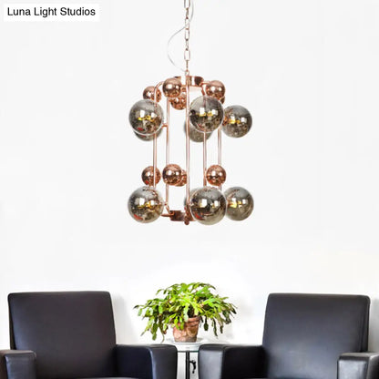 Lámpara de techo colgante modernista de 10 luces en forma de bola, de cristal gris humo/ámbar: elegante lámpara colgante de techo en oro rosa