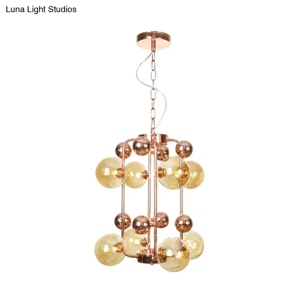 Lámpara de techo colgante modernista de 10 luces en forma de bola, de cristal gris humo/ámbar: elegante lámpara colgante de techo en oro rosa