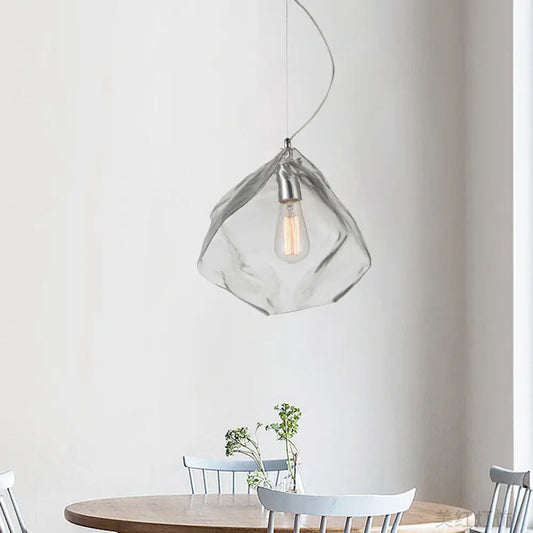 Modernist Stone Shape Suspension Light - Clear Glass - 1 Head - Living Room Ceiling Fixture