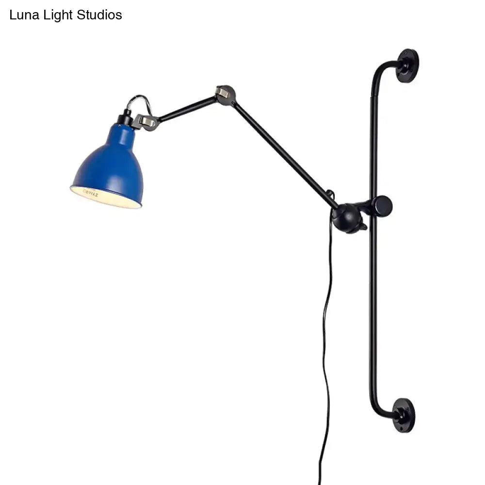 Blue enamel-finished adjustable wall light with black metal arms in modernist style for dining room black white decor