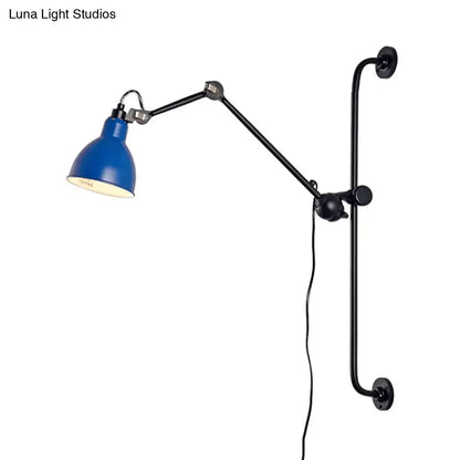 Blue enamel-finished adjustable wall light with black metal arms in modernist style for dining room black white decor