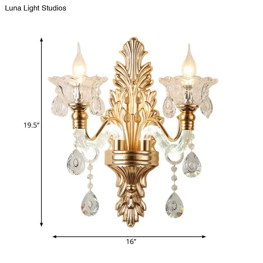 DecorBites™ DecorBites™ Modernist Style Floral Wall Sconce with Clear Crystal 1/2-Light Fixture - Gold Wall Light for Living Room