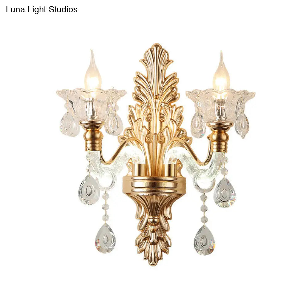 DecorBites™ DecorBites™ Modernist Style Floral Wall Sconce with Clear Crystal 1/2-Light Fixture - Gold Wall Light for Living Room