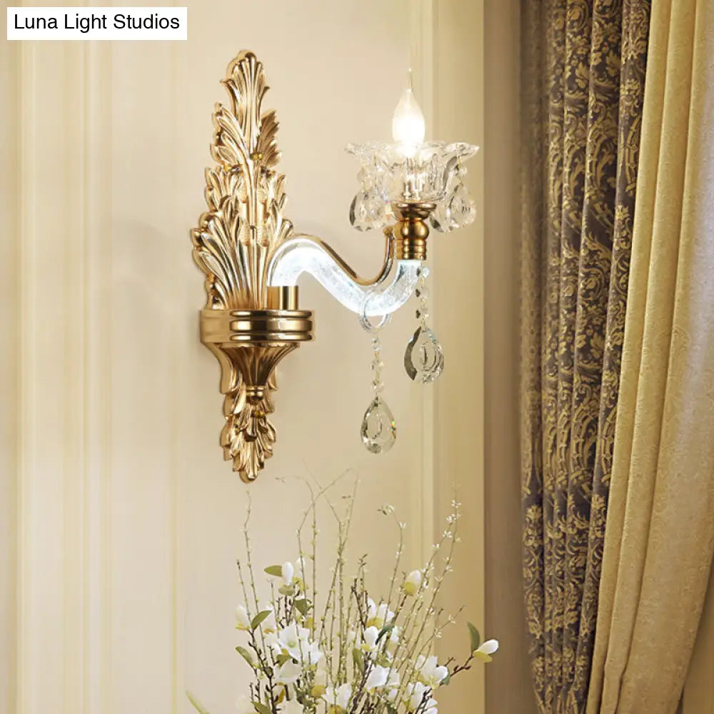DecorBites™ DecorBites™ Modernist Style Floral Wall Sconce with Clear Crystal 1/2-Light Fixture - Gold Wall Light for Living Room