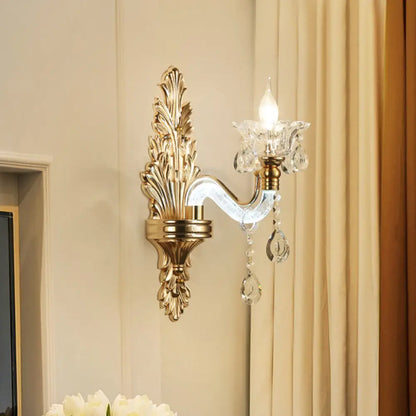 DecorBites™ DecorBites™ Modernist Style Floral Wall Sconce with Clear Crystal 1/2-Light Fixture - Gold Wall Light for Living Room