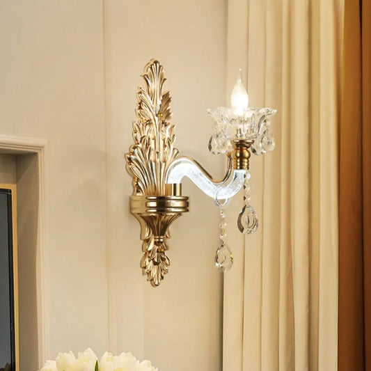 DecorBites™ DecorBites™ Modernist Style Floral Wall Sconce with Clear Crystal 1/2-Light Fixture - Gold Wall Light for Living Room