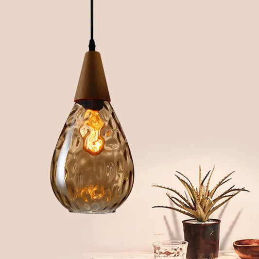 Modernist Style Teardrop Pendant Lamp with Dimpled Glass - 6"/8" Wide - Amber/Clear - 1 Light Indoor Hanging Fixture