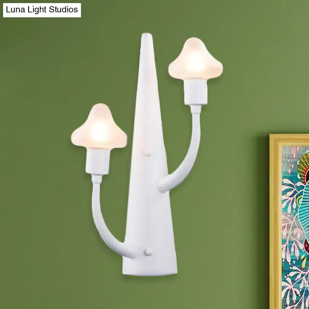 White ceramic wall sconce with two mushroom opal glass lamp heads for modernist living room lighting