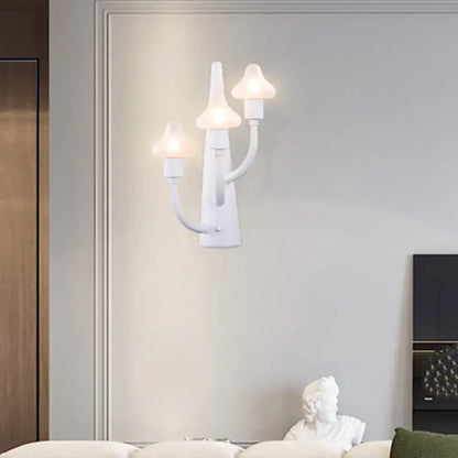 White three-arm modernist ceramic wall sconce with mushroom opal glass shades for living room lighting