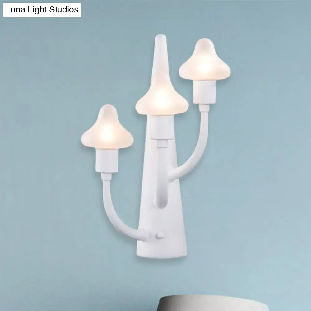 Modernist white ceramic mushroom opal glass sconce with three glowing frosted shades for living room lighting