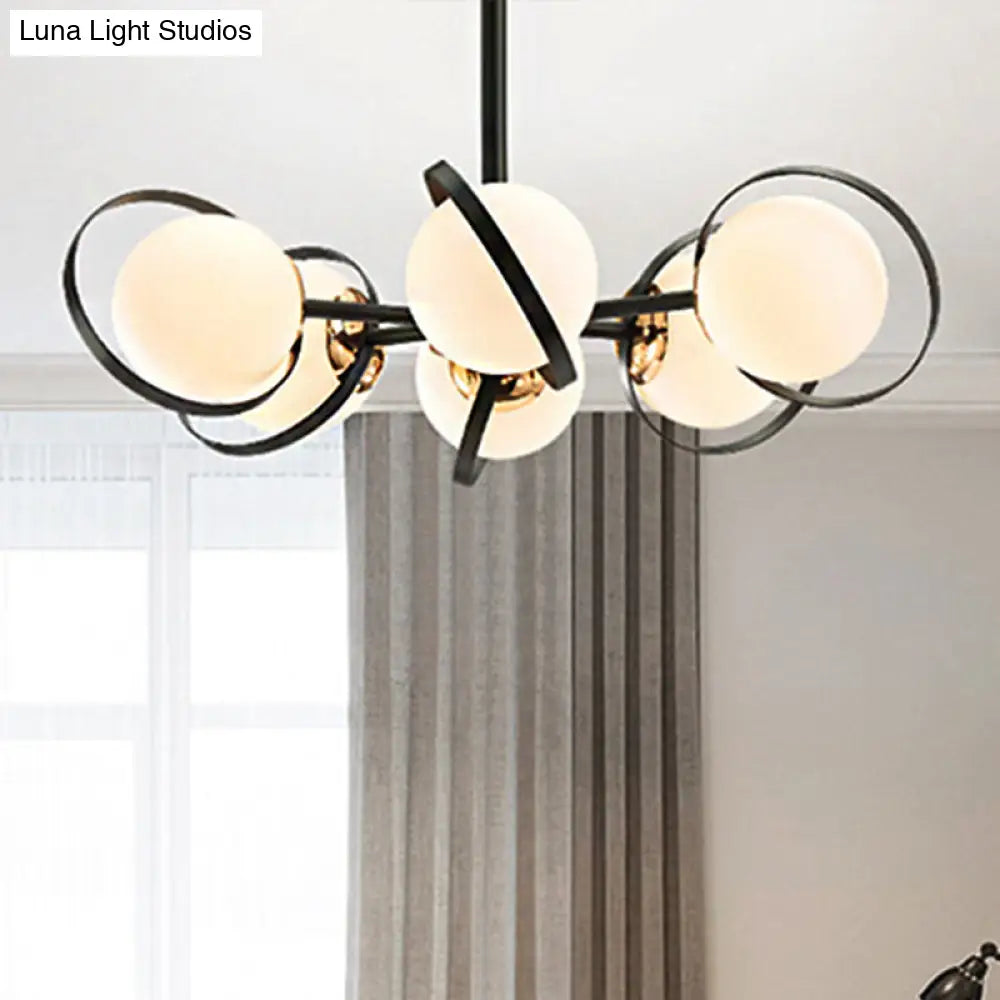 Modernist White Glass Chandelier with Radial Design – 3/6 Lights – Black Ceiling Lamp Fixture