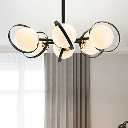 Modernist White Glass Chandelier with Radial Design – 3/6 Lights – Black Ceiling Lamp Fixture