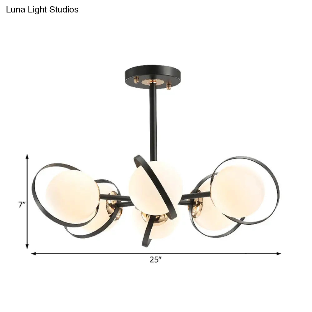 Modernist White Glass Chandelier with Radial Design – 3/6 Lights – Black Ceiling Lamp Fixture