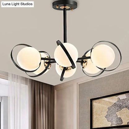 Modernist White Glass Chandelier with Radial Design – 3/6 Lights – Black Ceiling Lamp Fixture