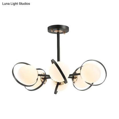 Modernist White Glass Chandelier with Radial Design – 3/6 Lights – Black Ceiling Lamp Fixture