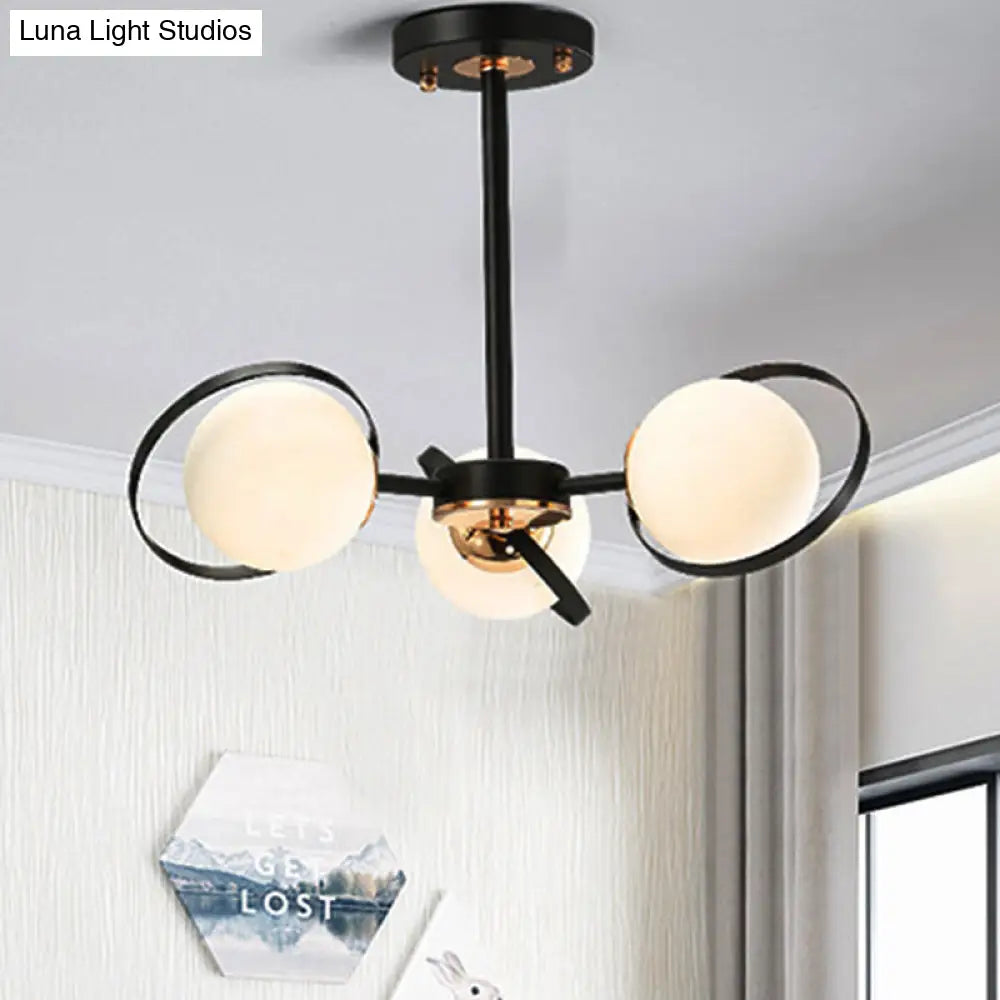 Modernist White Glass Chandelier with Radial Design – 3/6 Lights – Black Ceiling Lamp Fixture