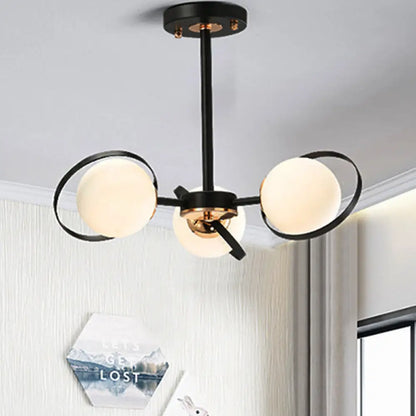 Modernist White Glass Chandelier with Radial Design – 3/6 Lights – Black Ceiling Lamp Fixture