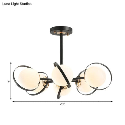 Modernist White Glass Chandelier with Radial Design – 3/6 Lights – Black Ceiling Lamp Fixture