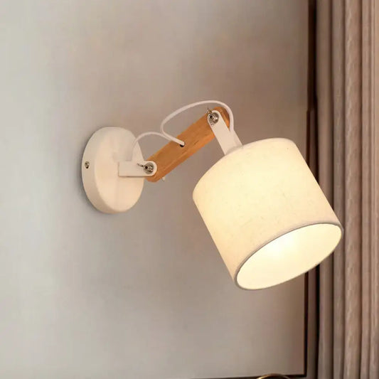 Modernist wall lamp with adjustable wood arm, white circular base, and off-white fabric shade for bedroom use 220v-240v 110v-120v