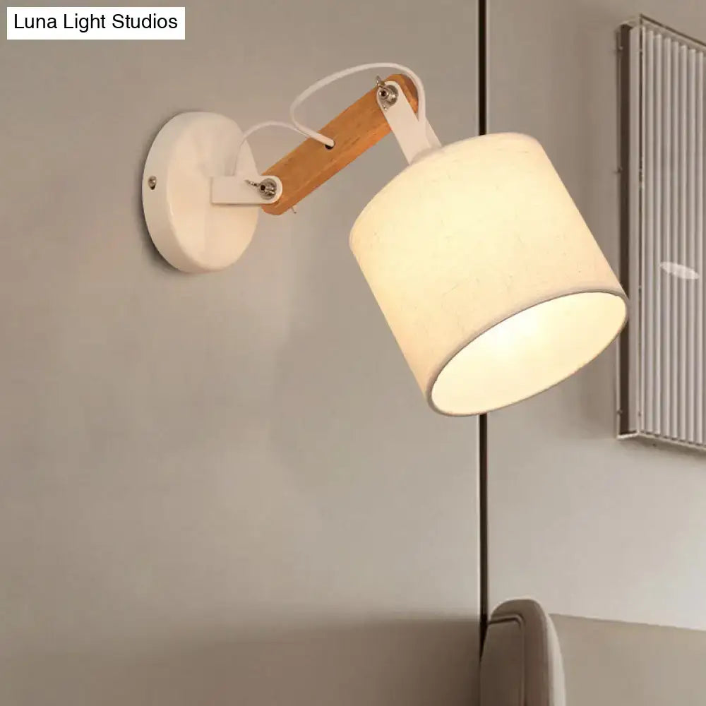 Modernist wall lamp with adjustable wood arm white circular base and off-white fabric shade for bedroom 220v-240v 110v-120v