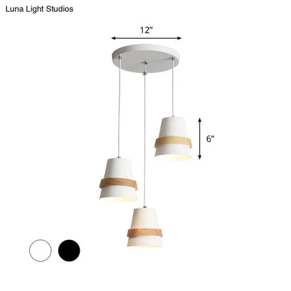 Modernist Wood and Metal Multi-Pendant Suspension Light for Dining Room - Cup Shape, 3 Heads, White/Black