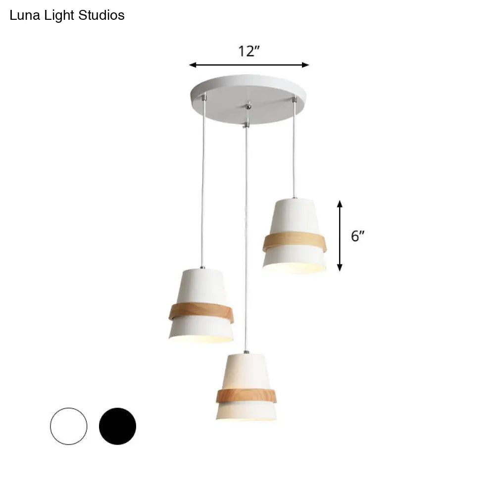 Modernist Wood and Metal Multi-Pendant Suspension Light for Dining Room - Cup Shape, 3 Heads, White/Black