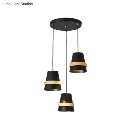 Modernist Wood and Metal Multi-Pendant Suspension Light for Dining Room - Cup Shape, 3 Heads, White/Black