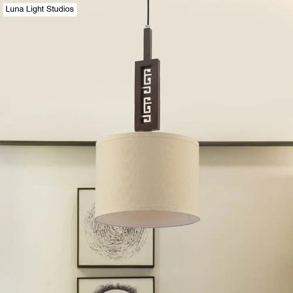 Modernist Wood Hanging Lamp Kit - Brown Carved 1-Bulb Down Lighting Design with Drum Fabric Shade