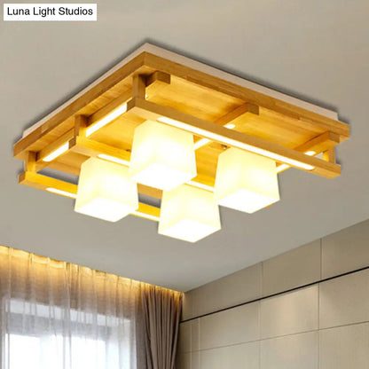 DecorBites™ DecorBites™ Modernist Wood Square Flush Mount Lighting with 1/4/9 Brown LED Lights and White Glass Cubic Shade in White/Warm Light