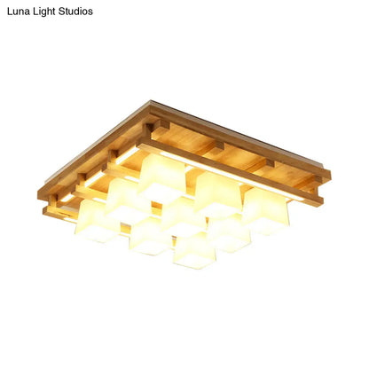 DecorBites™ DecorBites™ Modernist Wood Square Flush Mount Lighting with 1/4/9 Brown LED Lights and White Glass Cubic Shade in White/Warm Light