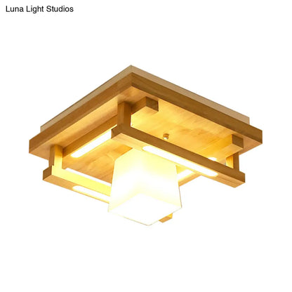 DecorBites™ DecorBites™ Modernist Wood Square Flush Mount Lighting with 1/4/9 Brown LED Lights and White Glass Cubic Shade in White/Warm Light