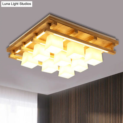 DecorBites™ DecorBites™ Modernist Wood Square Flush Mount Lighting with 1/4/9 Brown LED Lights and White Glass Cubic Shade in White/Warm Light