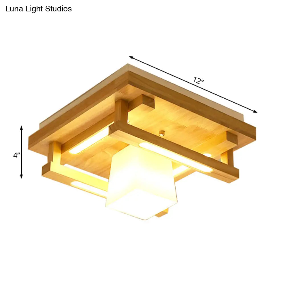 DecorBites™ DecorBites™ Modernist Wood Square Flush Mount Lighting with 1/4/9 Brown LED Lights and White Glass Cubic Shade in White/Warm Light