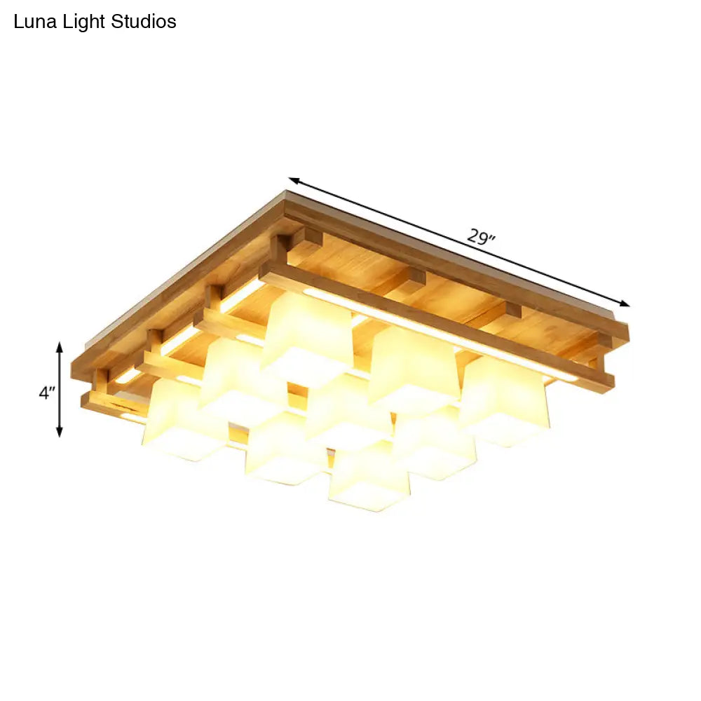 DecorBites™ DecorBites™ Modernist Wood Square Flush Mount Lighting with 1/4/9 Brown LED Lights and White Glass Cubic Shade in White/Warm Light