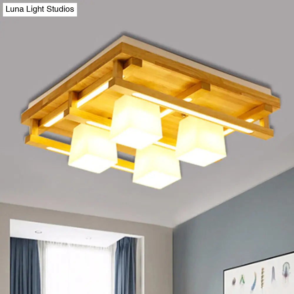 DecorBites™ DecorBites™ Modernist Wood Square Flush Mount Lighting with 1/4/9 Brown LED Lights and White Glass Cubic Shade in White/Warm Light