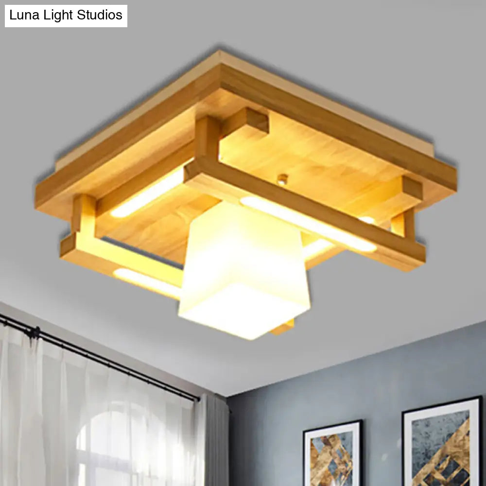 DecorBites™ DecorBites™ Modernist Wood Square Flush Mount Lighting with 1/4/9 Brown LED Lights and White Glass Cubic Shade in White/Warm Light