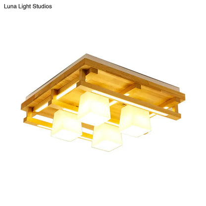 DecorBites™ DecorBites™ Modernist Wood Square Flush Mount Lighting with 1/4/9 Brown LED Lights and White Glass Cubic Shade in White/Warm Light