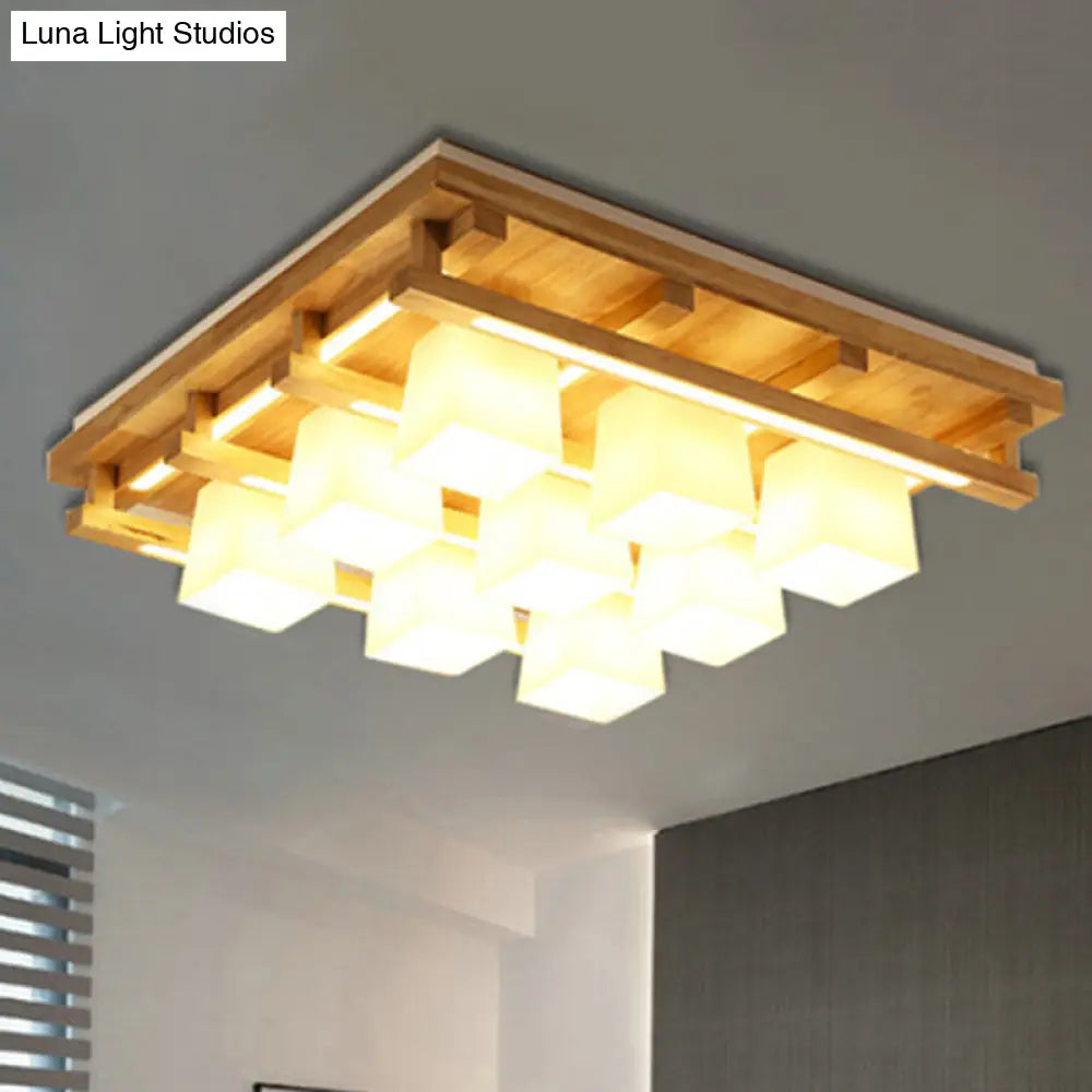 DecorBites™ DecorBites™ Modernist Wood Square Flush Mount Lighting with 1/4/9 Brown LED Lights and White Glass Cubic Shade in White/Warm Light
