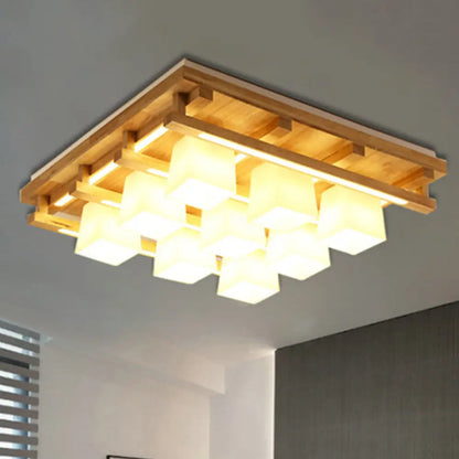DecorBites™ DecorBites™ Modernist Wood Square Flush Mount Lighting with 1/4/9 Brown LED Lights and White Glass Cubic Shade in White/Warm Light