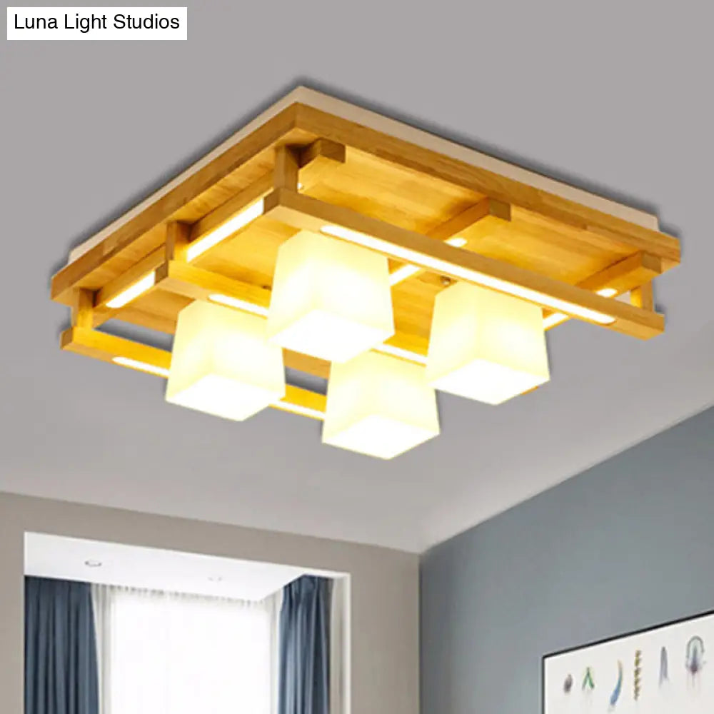 DecorBites™ DecorBites™ Modernist Wood Square Flush Mount Lighting with 1/4/9 Brown LED Lights and White Glass Cubic Shade in White/Warm Light