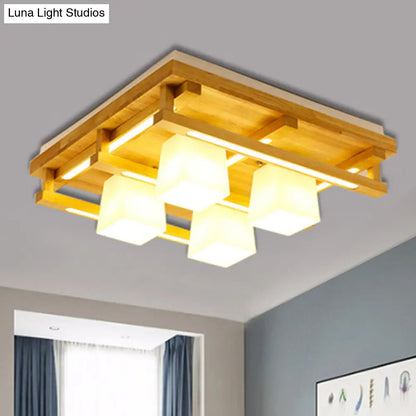 DecorBites™ DecorBites™ Modernist Wood Square Flush Mount Lighting with 1/4/9 Brown LED Lights and White Glass Cubic Shade in White/Warm Light