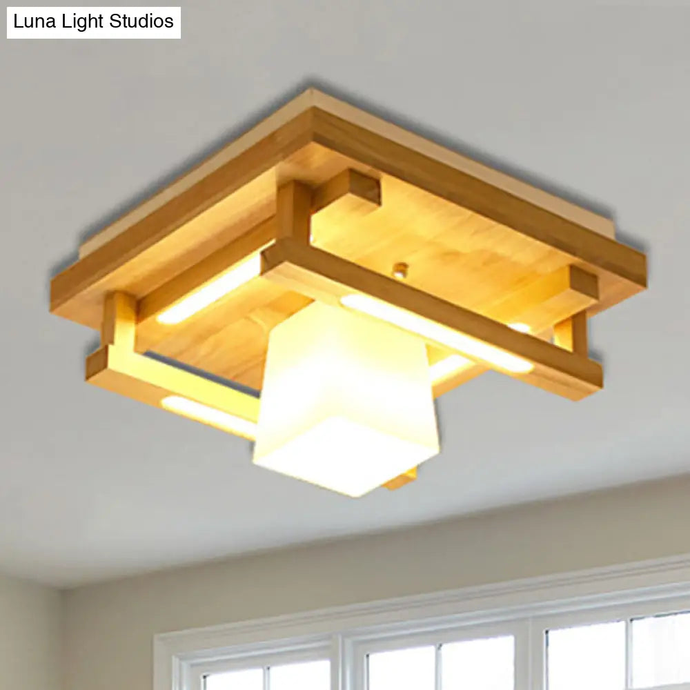 DecorBites™ DecorBites™ Modernist Wood Square Flush Mount Lighting with 1/4/9 Brown LED Lights and White Glass Cubic Shade in White/Warm Light