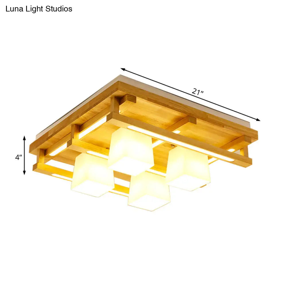DecorBites™ DecorBites™ Modernist Wood Square Flush Mount Lighting with 1/4/9 Brown LED Lights and White Glass Cubic Shade in White/Warm Light