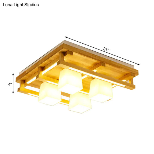 DecorBites™ DecorBites™ Modernist Wood Square Flush Mount Lighting with 1/4/9 Brown LED Lights and White Glass Cubic Shade in White/Warm Light
