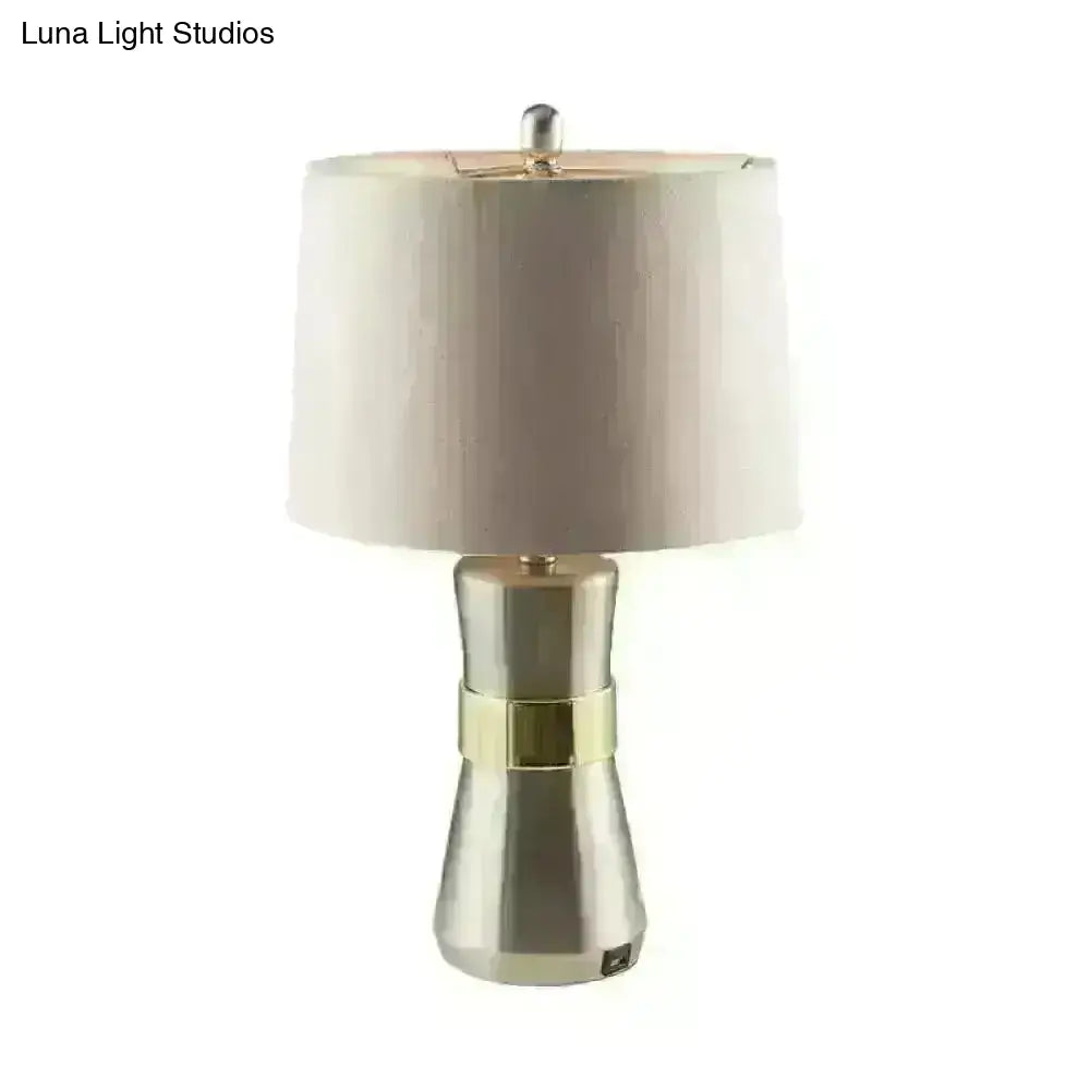 Monica - Contemporary Drum Shaped Table Lamp: Fabric Shade, Nickel Finish