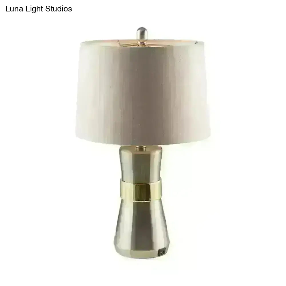 Monica - Contemporary Drum Shaped Table Lamp: Fabric Shade, Nickel Finish