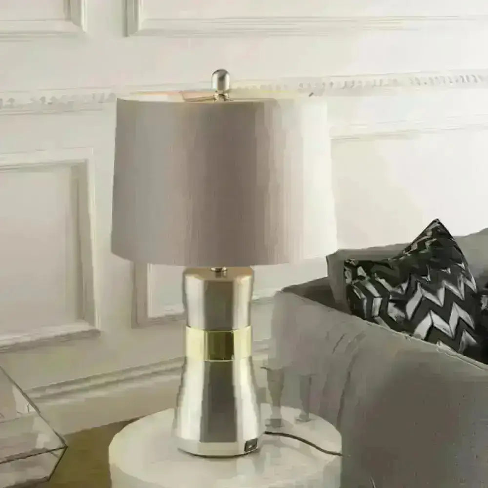 Monica - Contemporary Drum Shaped Table Lamp: Fabric Shade, Nickel Finish