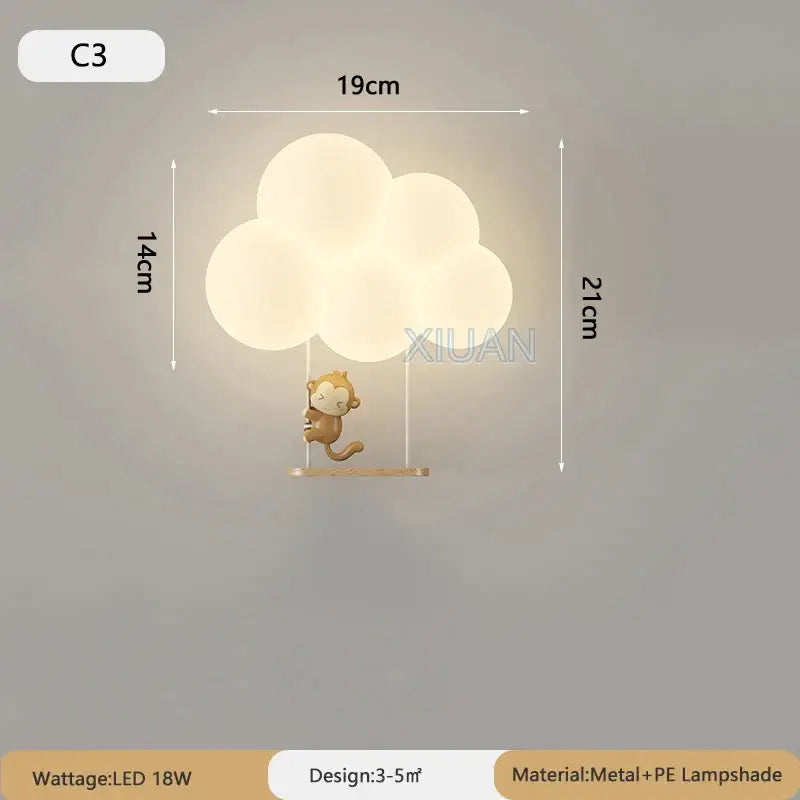 Whimsical cloud cartoon wall lamp with a cute monkey figurine base made of metal and pe for nursery decorbites wall lamp