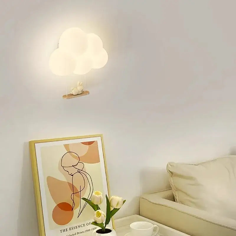 Soft white decorbites cloud cartoon wall lamp with wooden shelf and rabbit figurine for nursery bedroom lighting