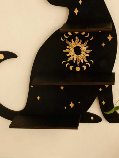 Moon Phase Black Cat Wooden Shelf